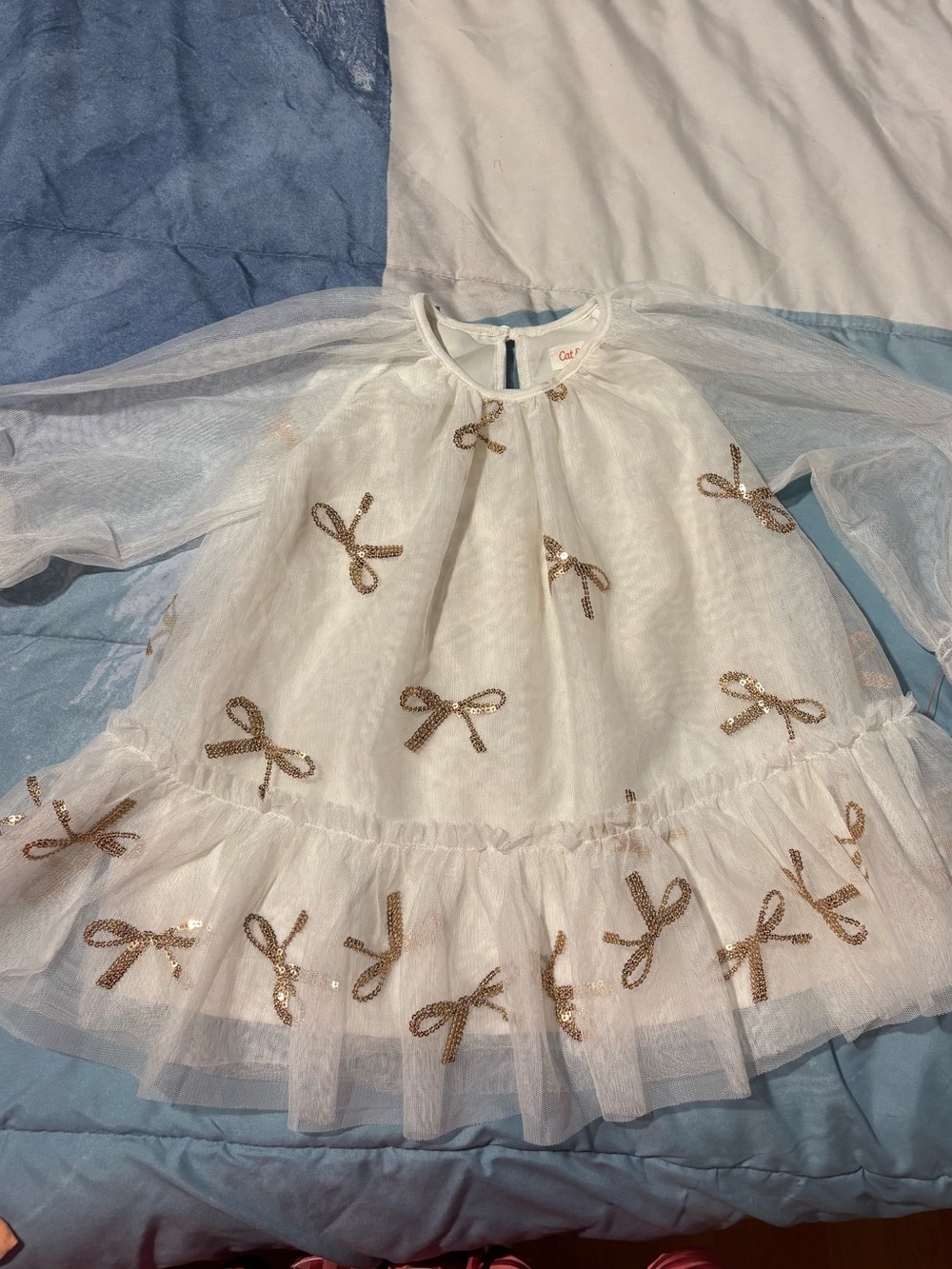 Cat & Jack White Tulle Dress with Gold Sequin Bows - Girls